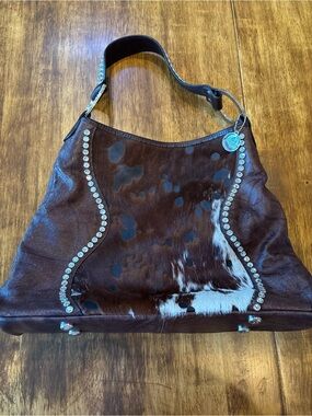 Raviani Brown and White Cowhide Shoulder Bag with Stud Accents